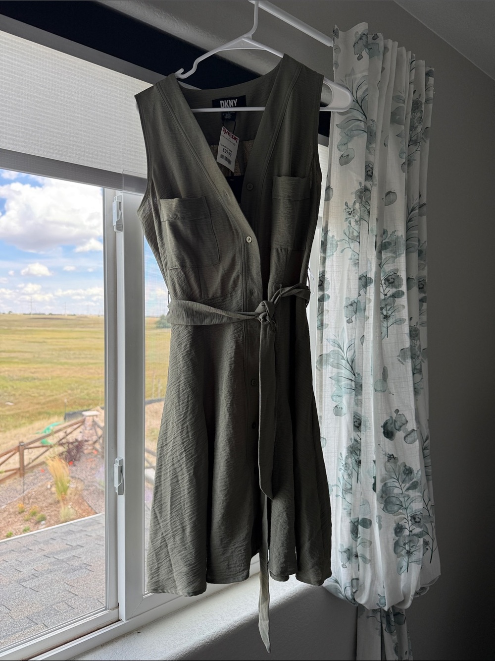 DKNY Olive Utility Sleeveless Button Dress with Tie Waist